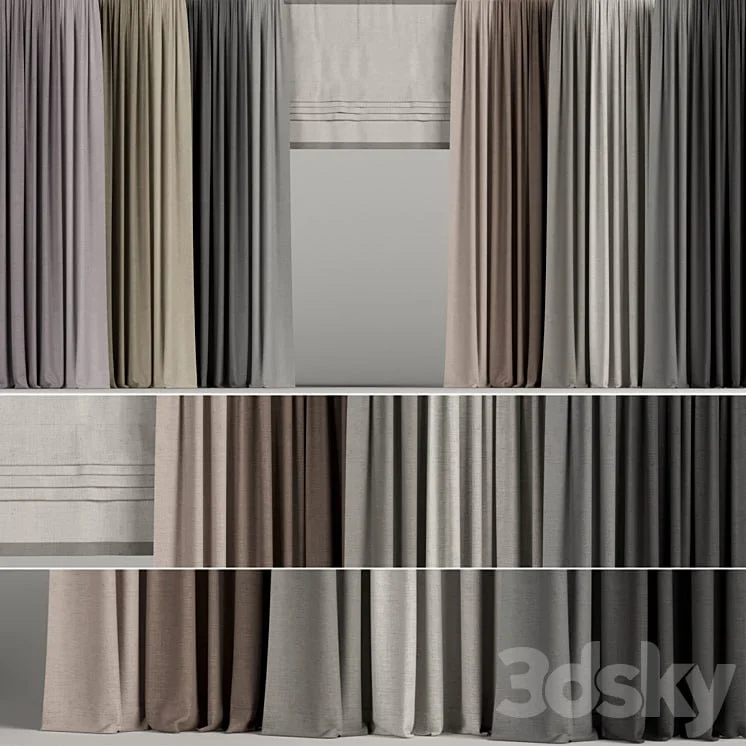 A set of curtains in different colors with a roman curtain.
